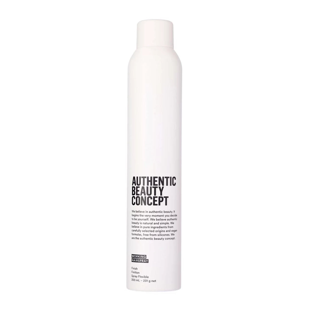 A tall white aerosol-style bottle with a white cap, labeled 'AUTHENTIC BEAUTY CONCEPT' in black text, centered on a plain white background.