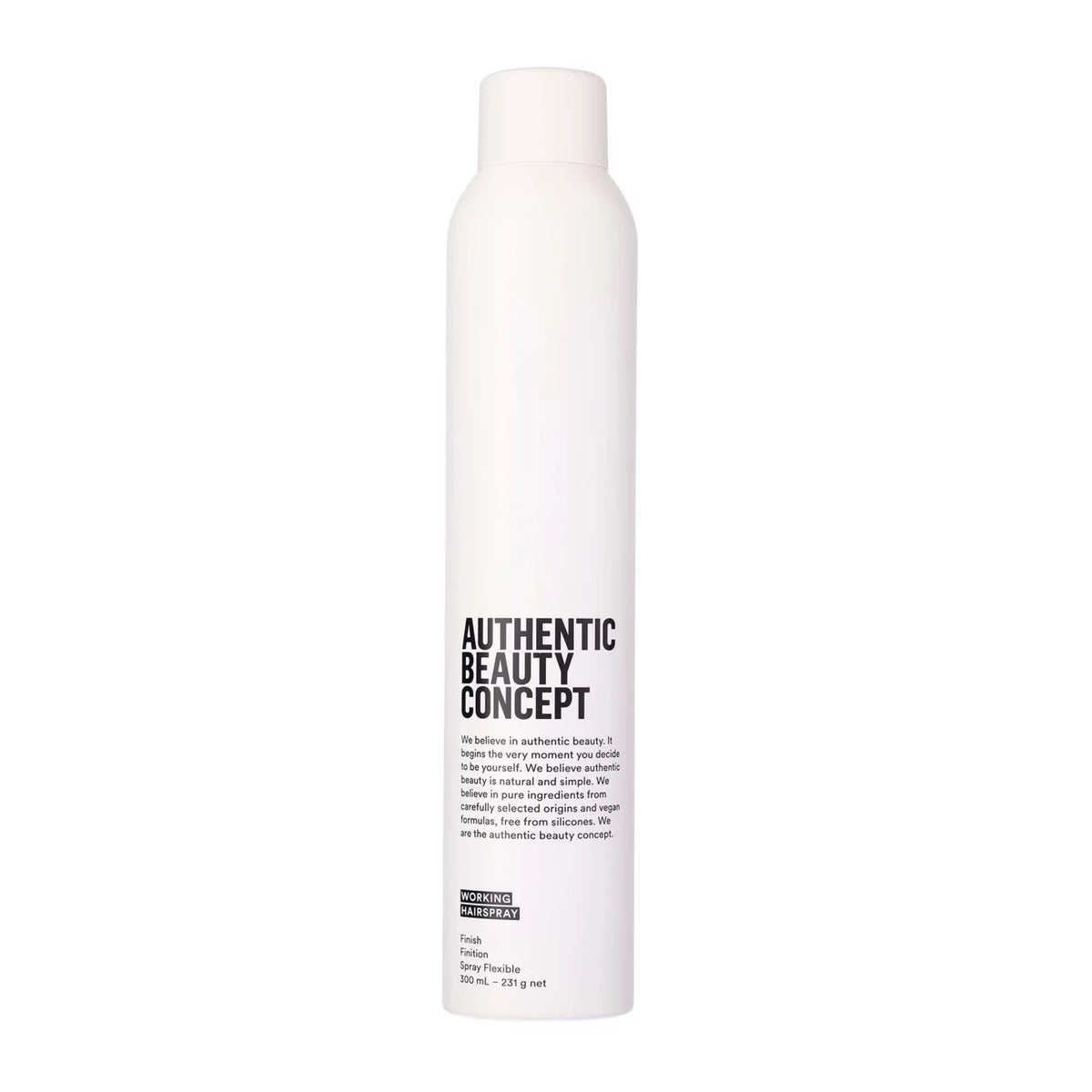 A tall white aerosol-style bottle with a white cap, labeled 'AUTHENTIC BEAUTY CONCEPT' in black text, centered on a plain white background.